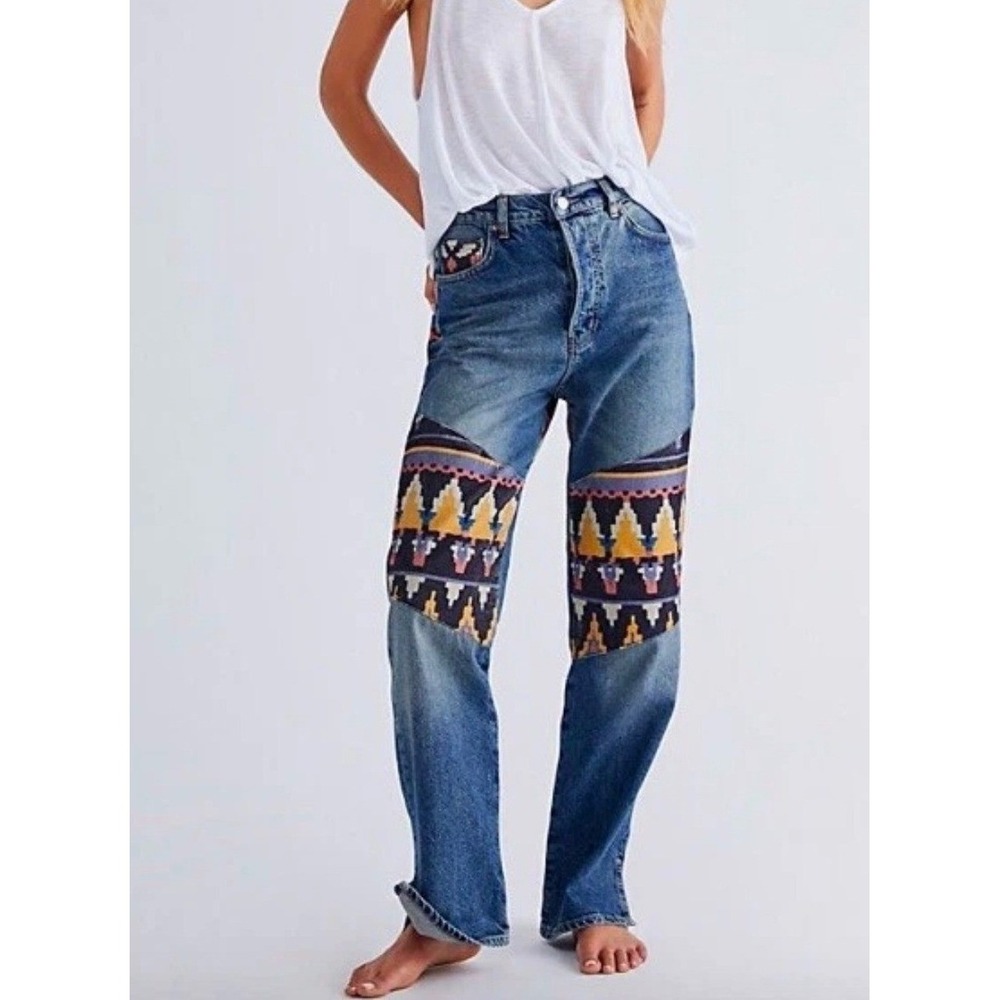 Free People We The Free Rocky Mountain Straight Leg Tapestry Jeans Blue 26 Boho‎
